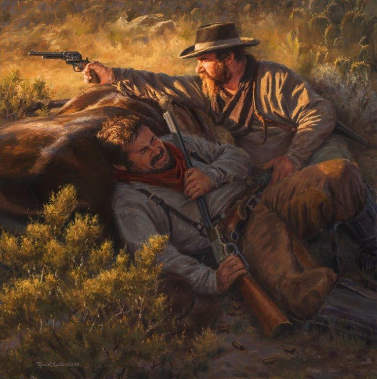 original oil painting, Help Ain't Comin' by artist Russell Smith, western art