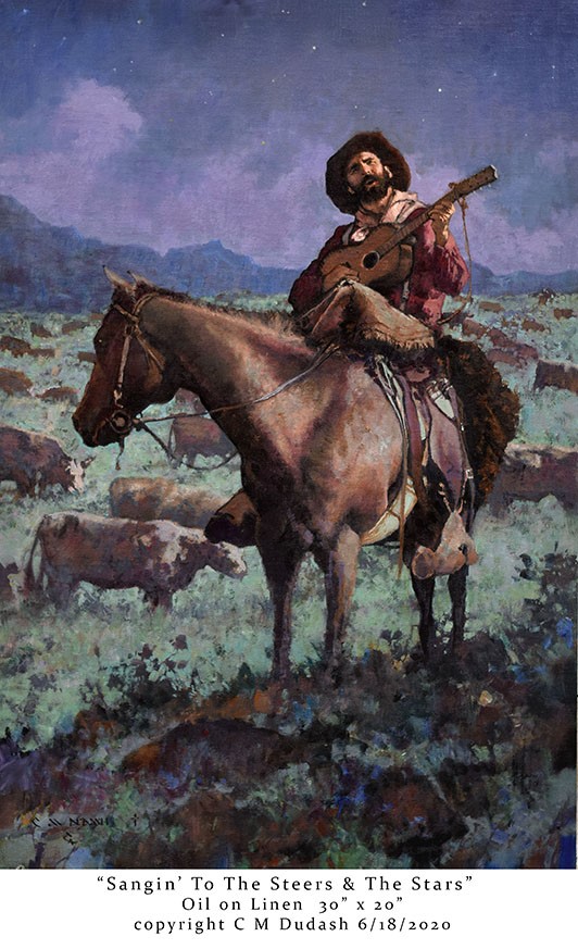 original oil painting, Sangin' to the Steers and the Stars by artist CM Dudash